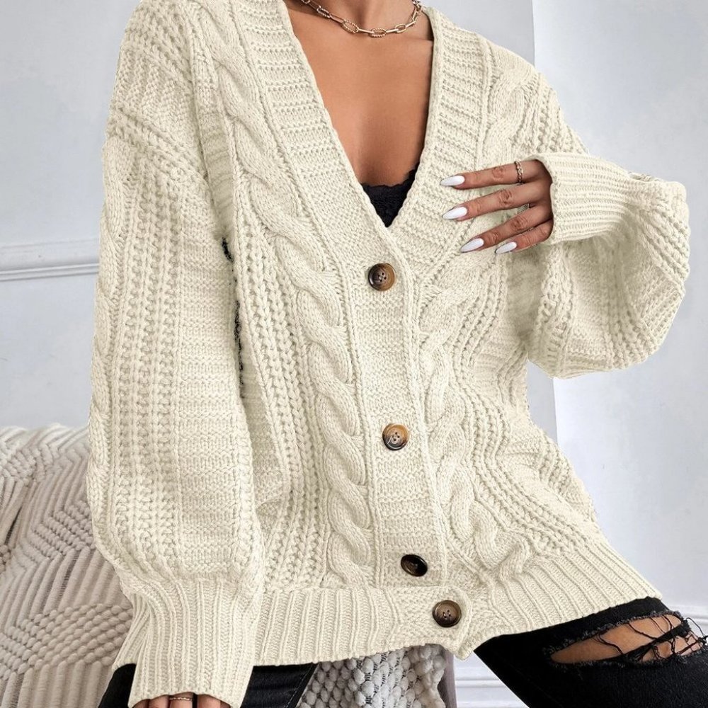 Casual button down Beige Cable Knit Sweater Cardigan